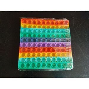 Fidget Toy Big 8" Square Game Push Pop Bubble Silicone Sensory Rainbow w/Clip